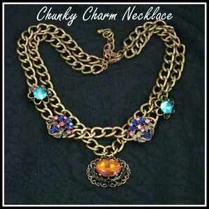 Chunky Dbl Chain Rhinestone Charm Necklace